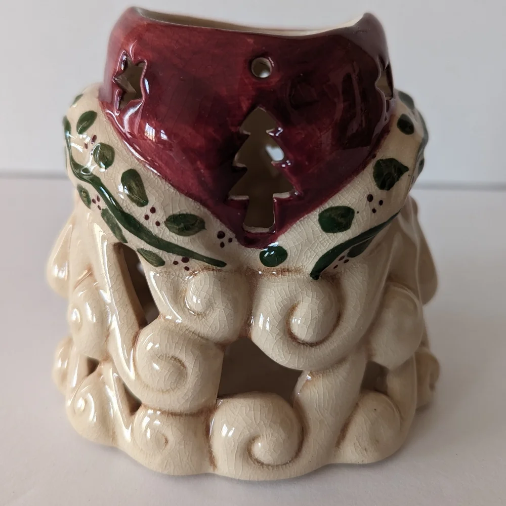VTG Ceramic Santa Head Tea Light Votive Candle Holder W/Stars‎ And Tree Cut-Outs